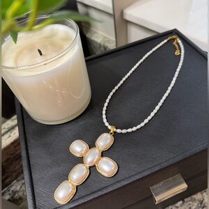 Gold and Pearl Cross Pendant Necklace